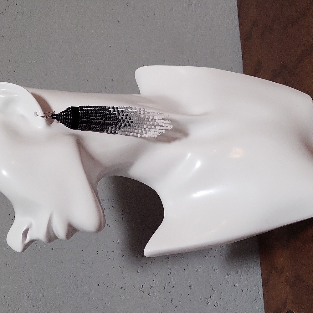 Beaded Earrings - Black Bugle beads, Black, Grey,  & White seed beads.